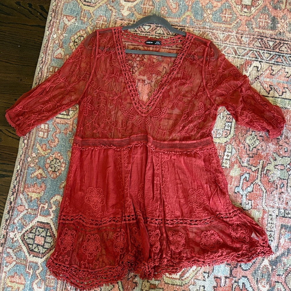 Deep Red Lace Swimsuit Coverup OS